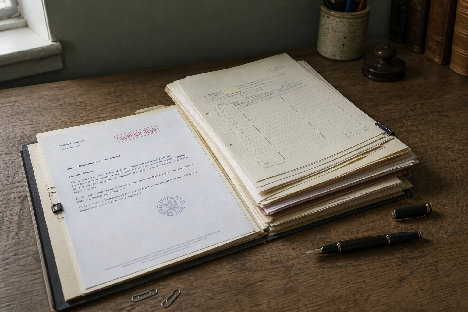 Dossier papier, courrier tamponné et stylo sur un bureau